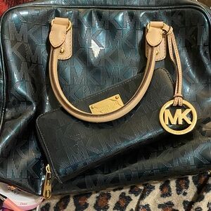 Michael Kors Black and Tan Shoulder Bag with Gold Accents